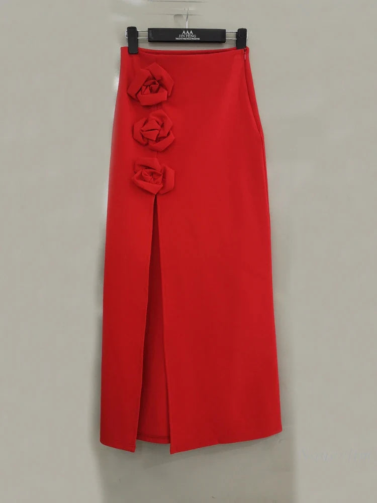 French Sexy Red High Waist Long Skirt Women's High-Grade Split Three-Dimensional Rose Light Luxury Maxi Skirts Faldas