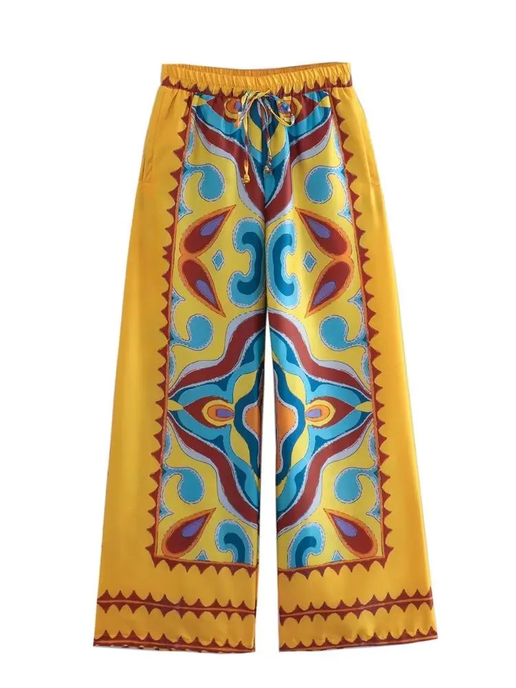 BlingBlingee Summer Printed Women Wide Pants Satin Suits Traf Asymmetric Sleeveless Strapless Crop Top Female Sets Y2K Only Pants 2