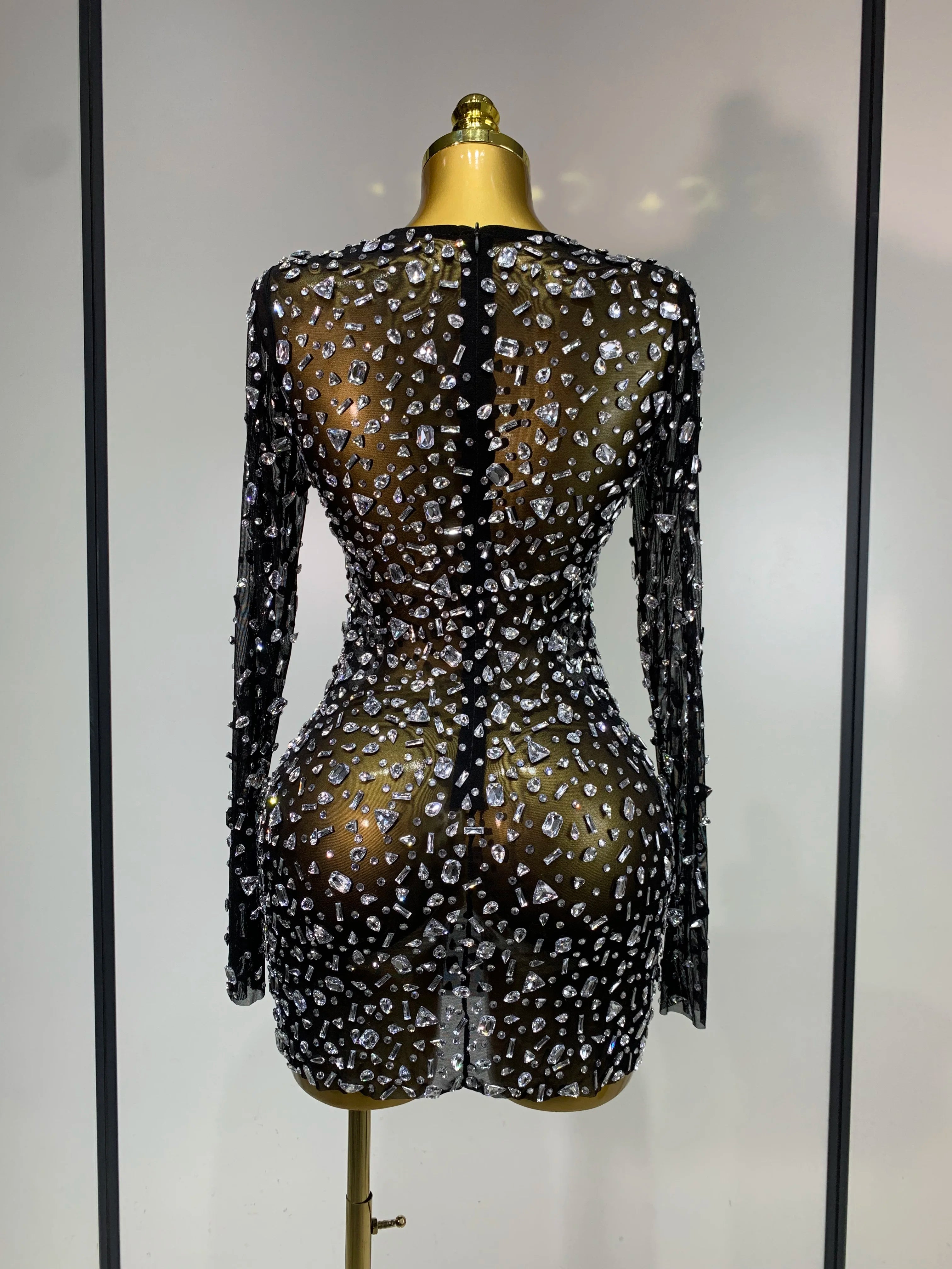 Sparkly Rhinestone Sexy Transparent Mini Dress Celebrity Evening Party Prom Birthday Photo Shoot Nightclub Stage Costume