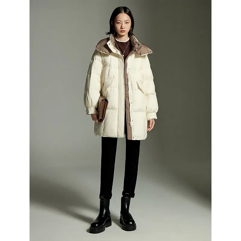 Toyouth Women White Duck Down Jacket 2024 Winter Long Sleeve Double Layered Standing Collar Loose Thick Coat Chic Warm Overcoat