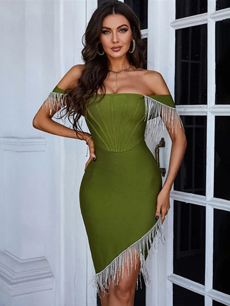 Summer Sexy Off Shoulder Army Green Red Diamonds Tassel Mini Bodycon Bandage Dress 2023 Elegant Evening Party Dress Vestido green