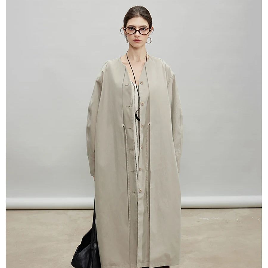 Lautaro Spring Autumn Oversized Long Flowy Soft Trench Coat for Women V Neck Elegant Luxury Designer Fake 2 Piece Clothes 2025 Wasabi Ash