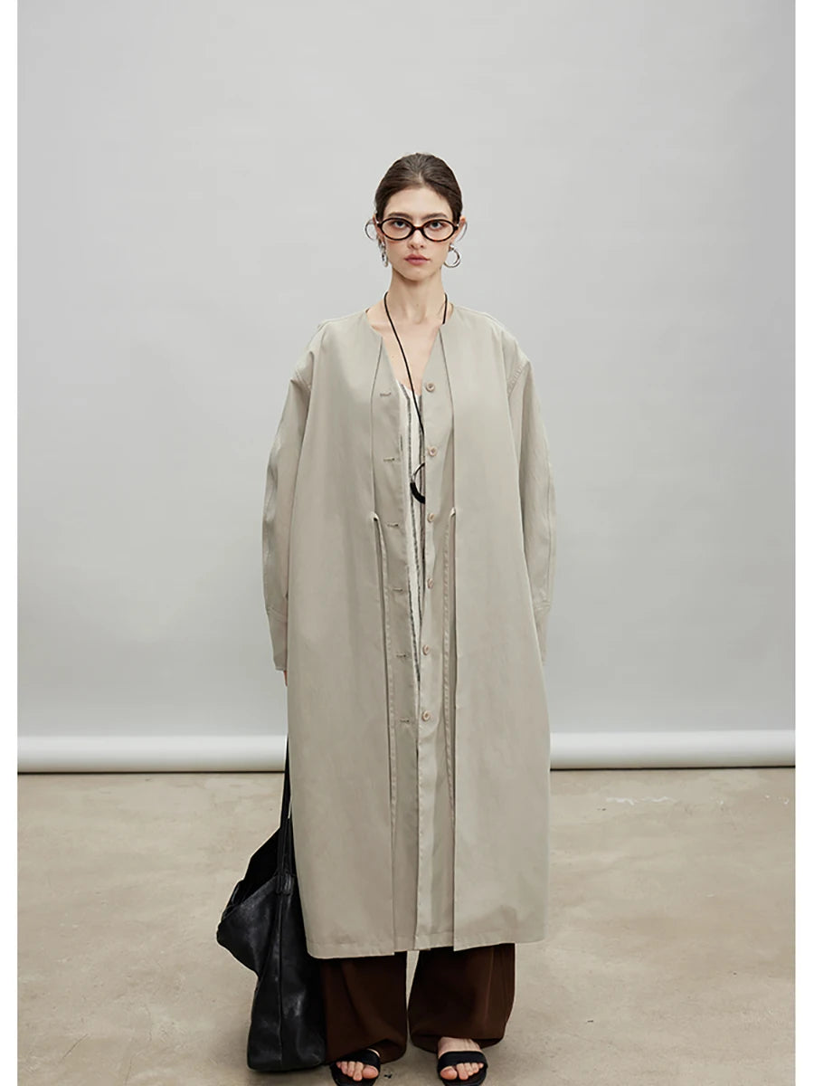 Lautaro Spring Autumn Oversized Long Flowy Soft Trench Coat for Women V Neck Elegant Luxury Designer Fake 2 Piece Clothes 2025 Wasabi Ash