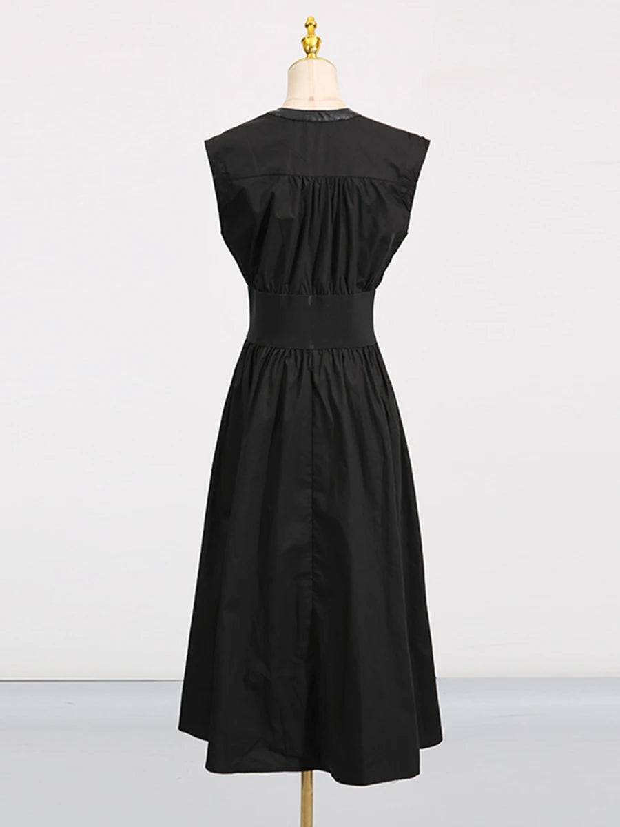 Solid Slimming Spliced Lace Up Elegant Dresses for Women Round Neck Sleeveless Patchwork Folds Dress Female Fashion