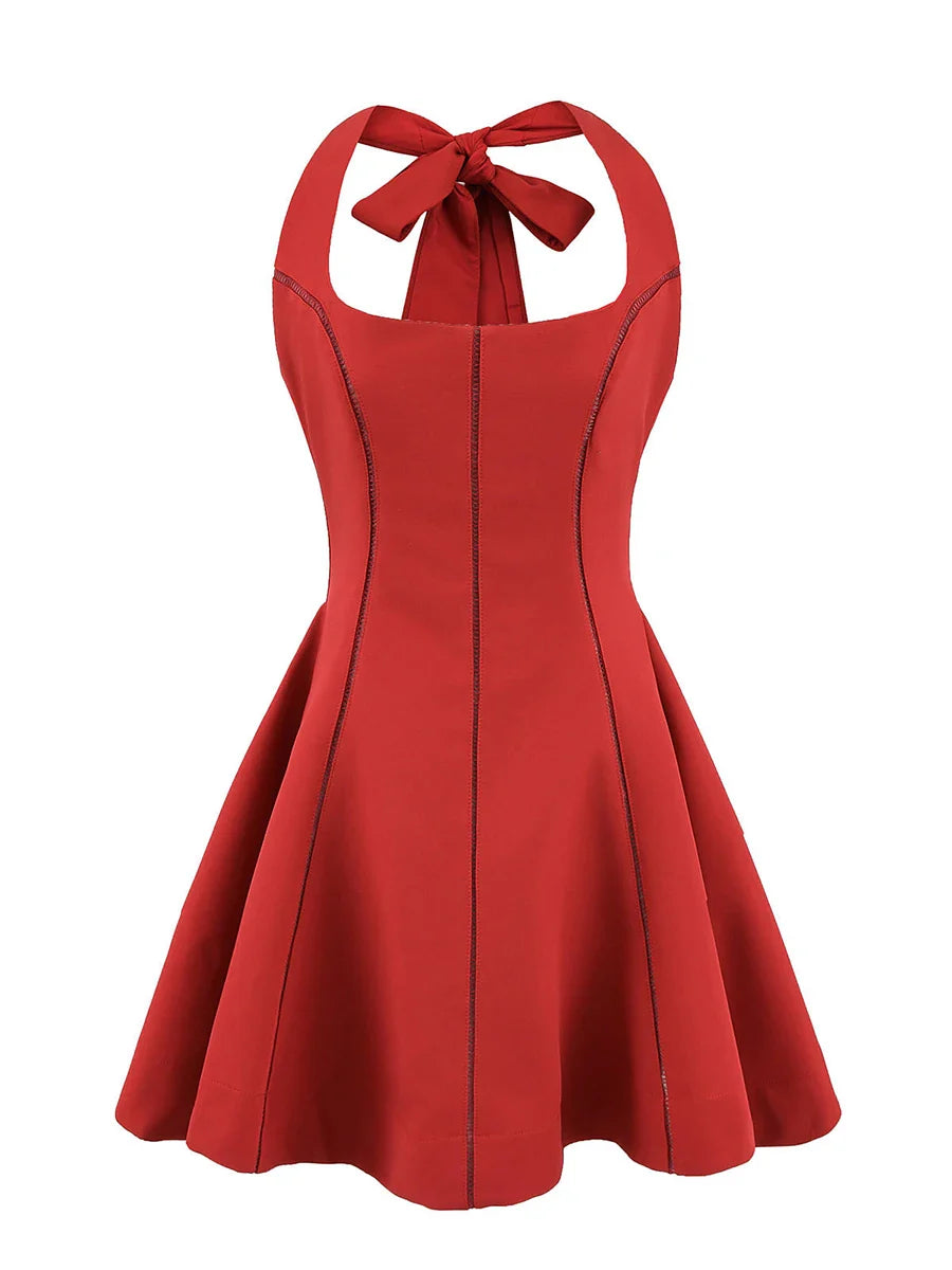 Solid Slimming Fashion Mini Dresses for Women Halter Neck Sleeveless Patchwork Bow Tunic Elegant Dress Female New RED