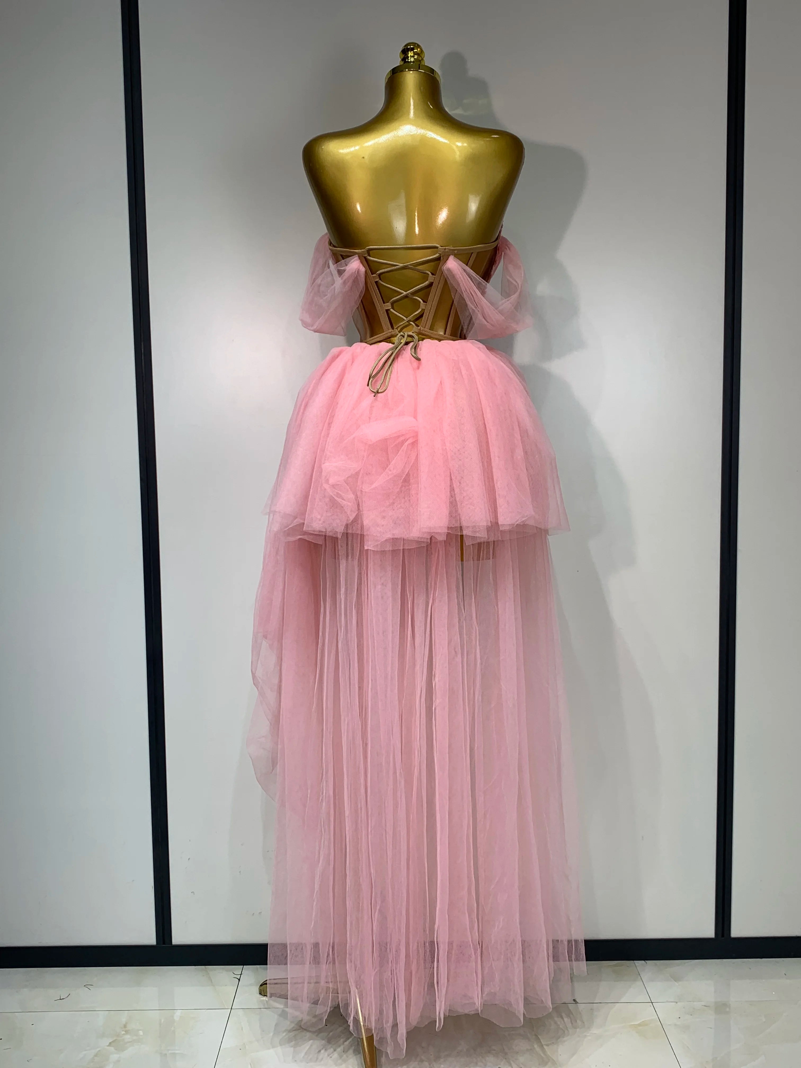 Women Sexy Strapless Pink Mesh Two Pieces Set Prom Gown Celebrate Birthday Nightclub Party Singer Stage Performance Costume