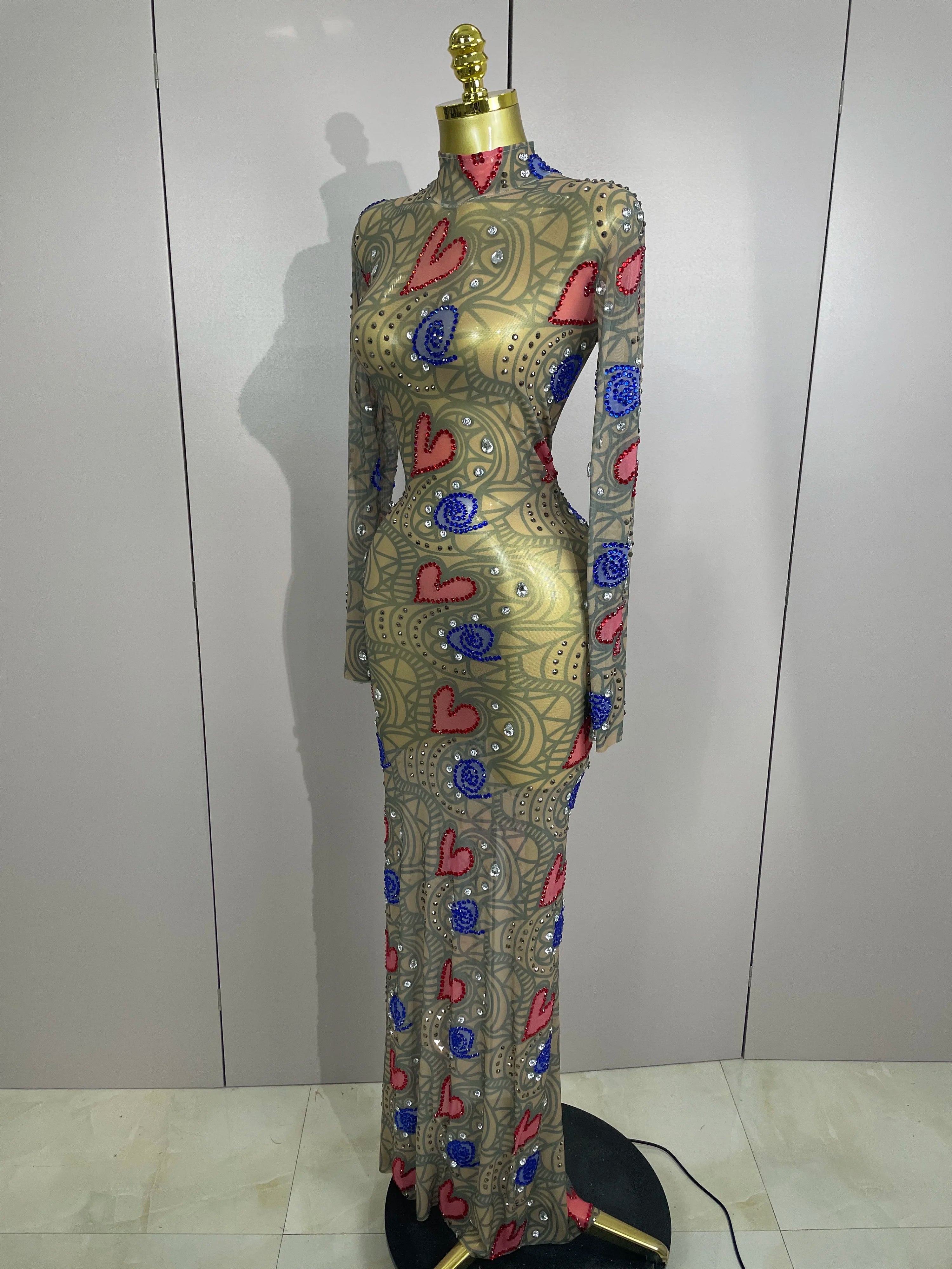 2025 New Sparkly Diamond High Neck Sexy Mesh Wrap Hip Long Dress Host Annual Meeting Party Nightclub Bar Performance Costume