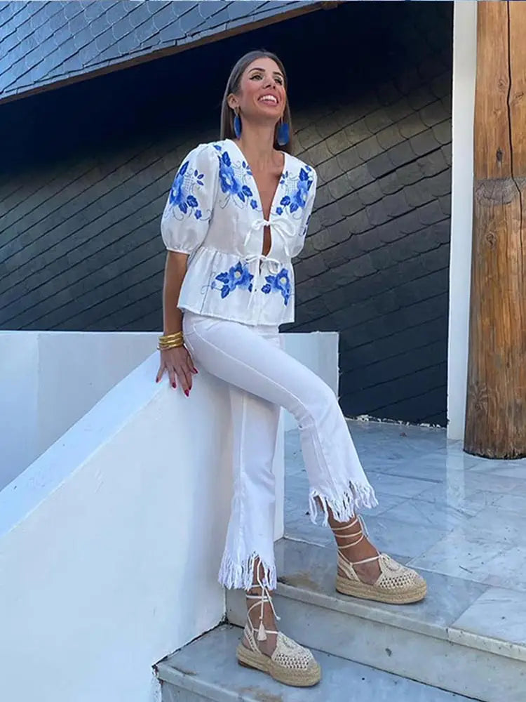 Elegant Flower Print Short Puff Sleeve Shirt Women Fashion Loose V Neck Lace Up Ruffles Blouse Spring Summer Female Streetwear