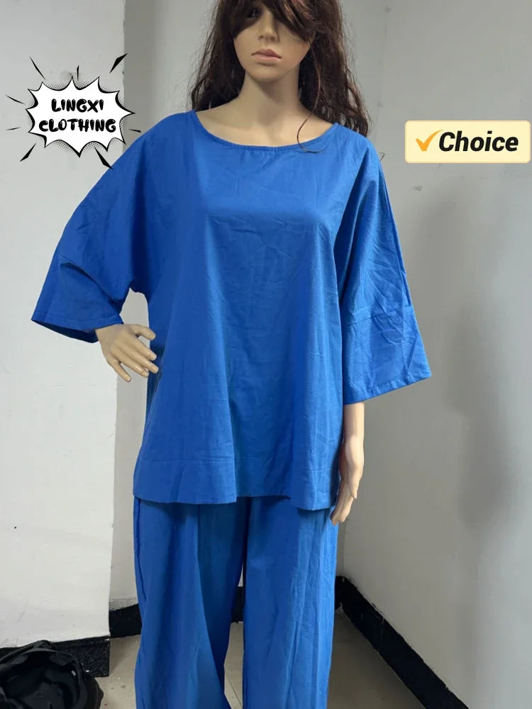Summer Fashion New Style Matching Series Round Neck Cotton Linen Top High Waist Wide Leg Long Pants Set Plus Size Women's Wear