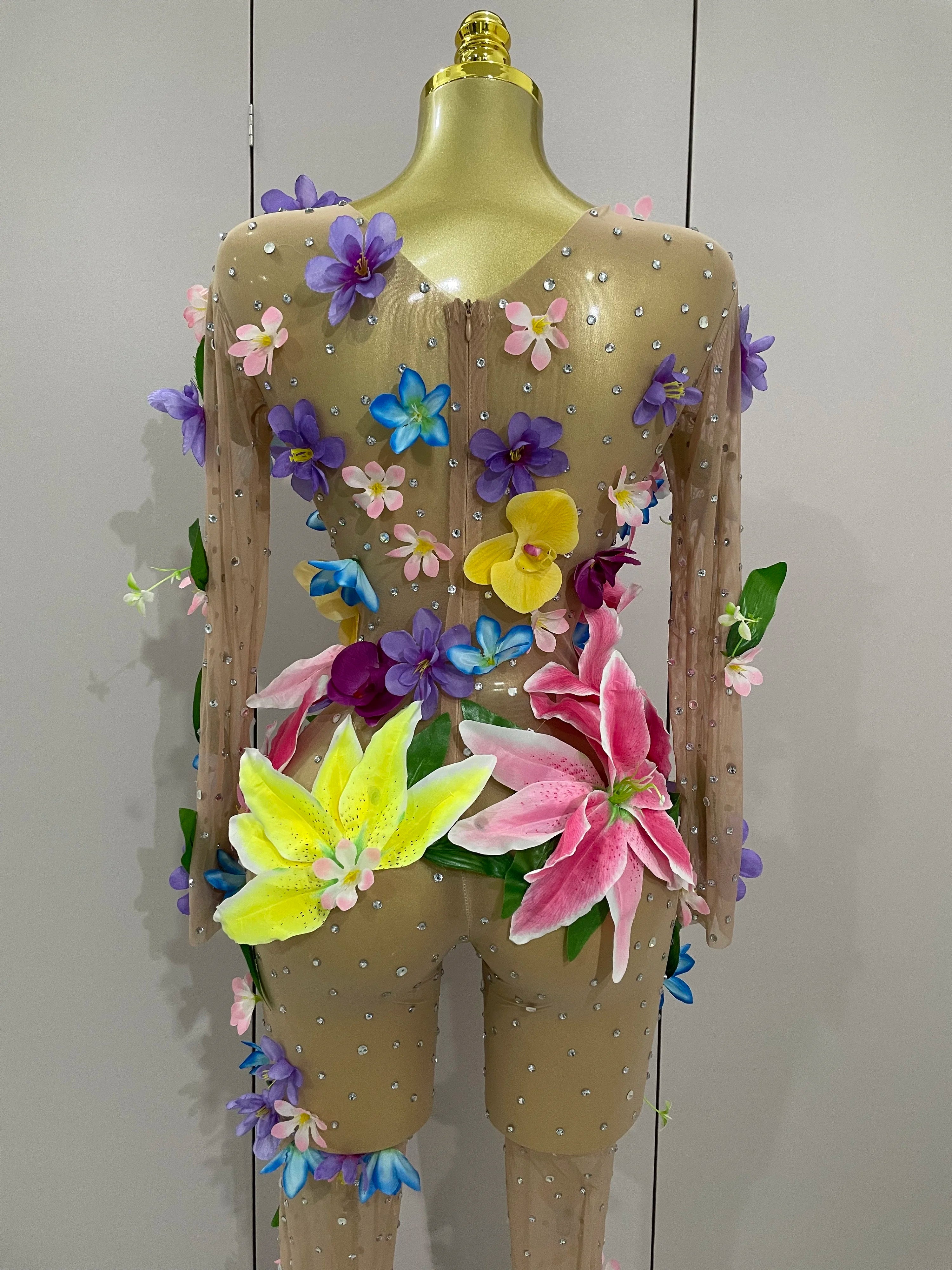 2025Sparkly Rhinestones 3D Flower Nude Mesh Transparent Jumpsut Women Evening Party Birthday Nightclub Performance Stage Costume