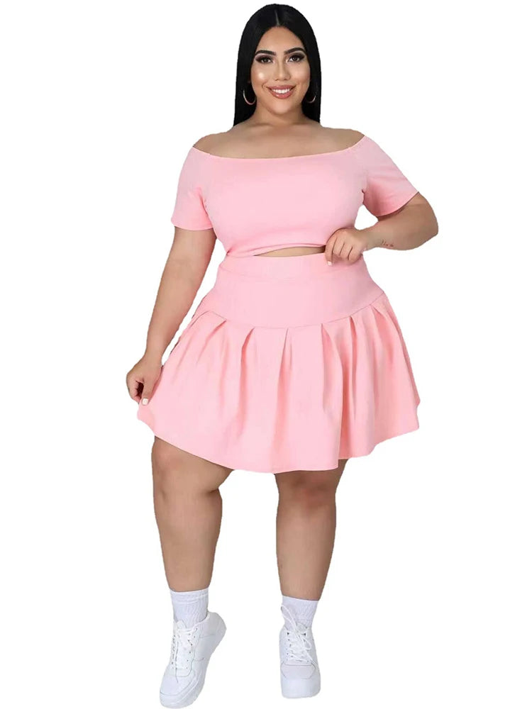 5xl Plus Size Women Clothing Wholesale Summer Outfits Crop Tops and Pleated Skirt Tracksuit Sweet Dress Suits Dropshipping Pink