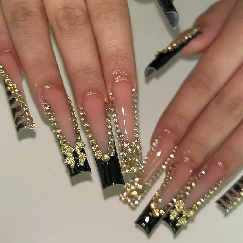 24Pcs French Tip Press on Nails Long Glitter Rhinestone False Nails Wearable Y2k 3D Bow Tie Designs Fake Nails with Jelly Glue 2