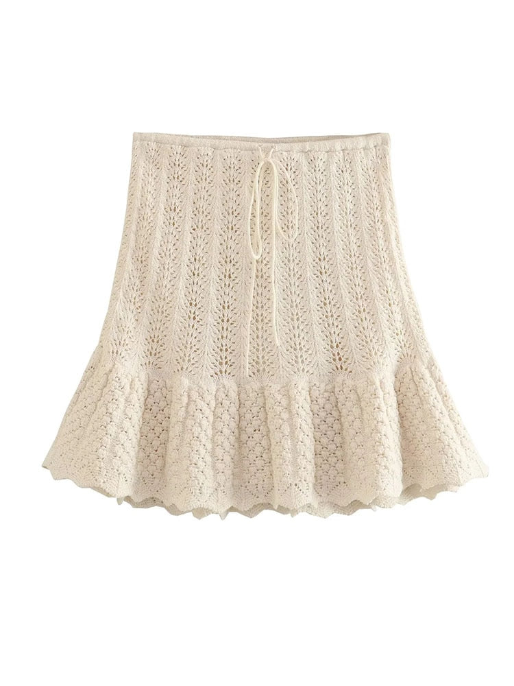 TRAF Y2K Hollow Out Knitted Women Summer 2 Piece Sets 2024 Thin Sleeveless Crop Top Female Ruffles Mini Skirt Suits