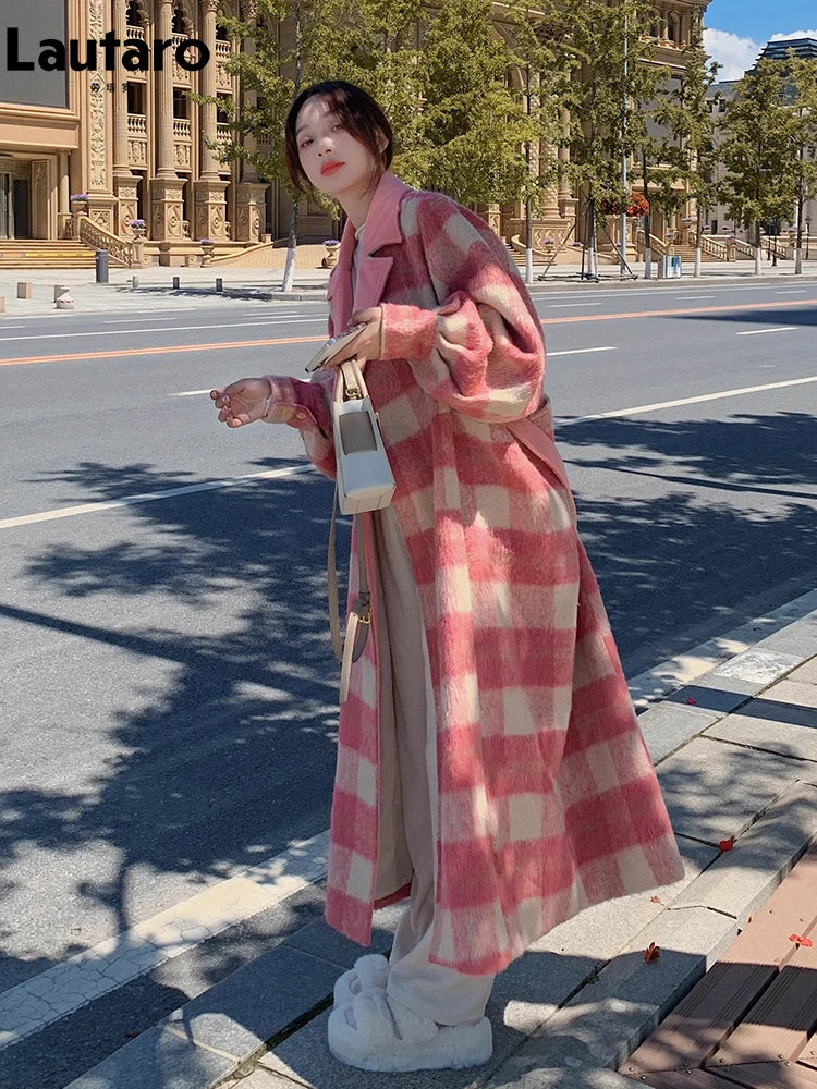 Lautaro Autumn Winter Long Oversized Warm Soft Thick Colorful Woolen Coat Women Sashes Loose Casual Korean Fashion Overcoat 2025