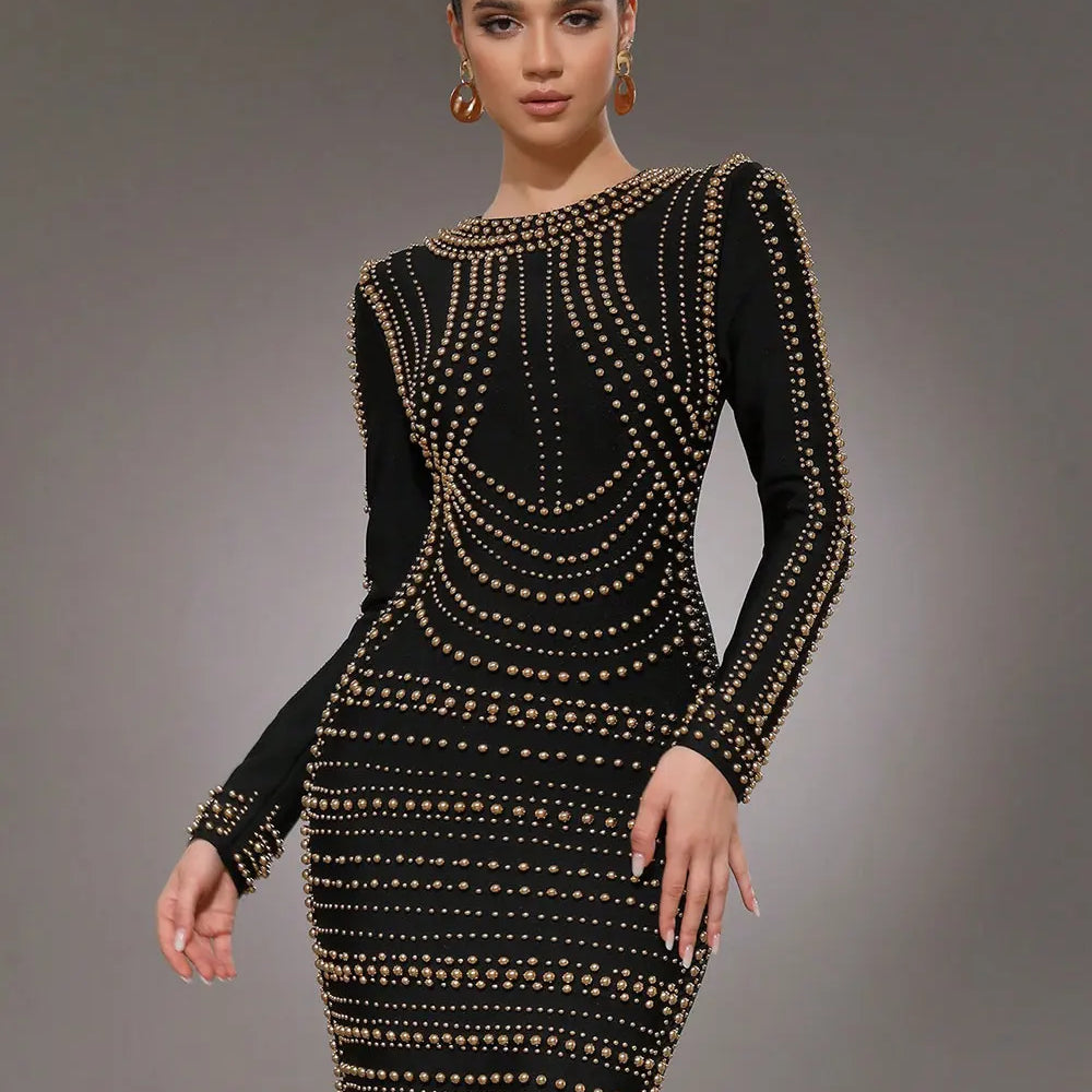 2025 Elegant Women's Light Luxury Rivet Design Bandage Dress O-neck Long Sleeve Bodycon Black Mini Dress Evening Party Vestidos
