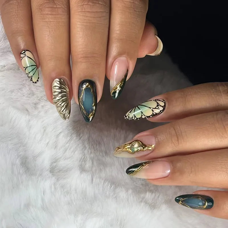 24Pcs Mid-length Blue Almond False Nails with 3D Shell Design Press on Nails Tips Butterfly Flower Pattern Datachable Fake Nail W2028