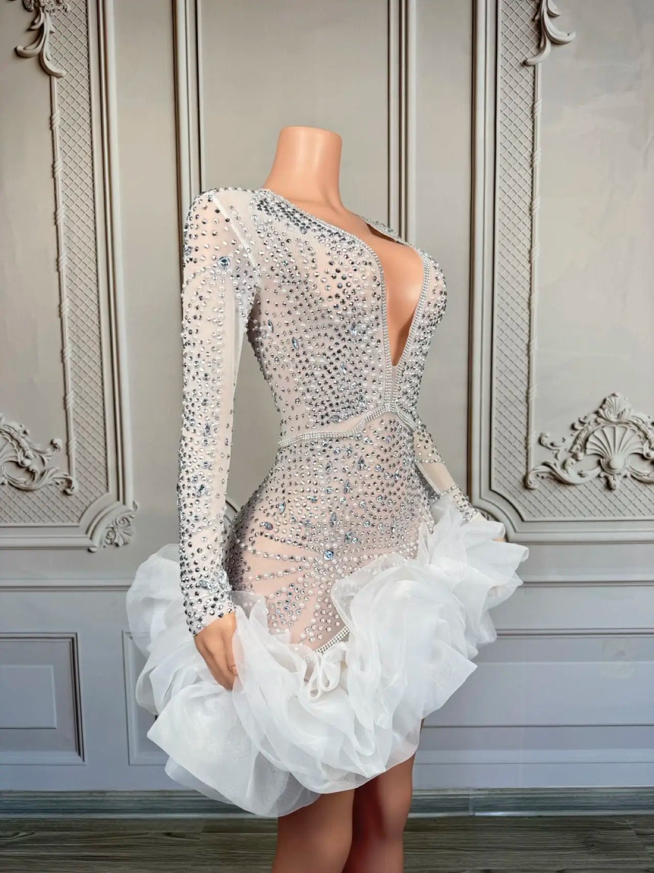 Sparkly Rhinestone White Pearls High-end Short Dress Sexy Women Deep V Neck tutu Mini Dress Nightclub Party Dress-up Outfit Babi