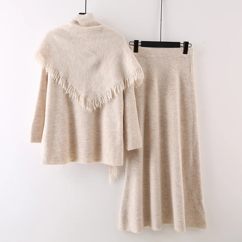 Autumn Winter New Fashion High-End Casual Knitted Set For Women Tassel Shawl Pullover Sweater Skirt Female 11A07539 apricot One Size