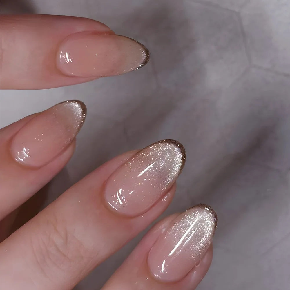 24Pcs Blush Pink Shining Cat's Eye Short Round Head Press on False Nails with Simple Design Almond French Manicure Nail Tips Set 4