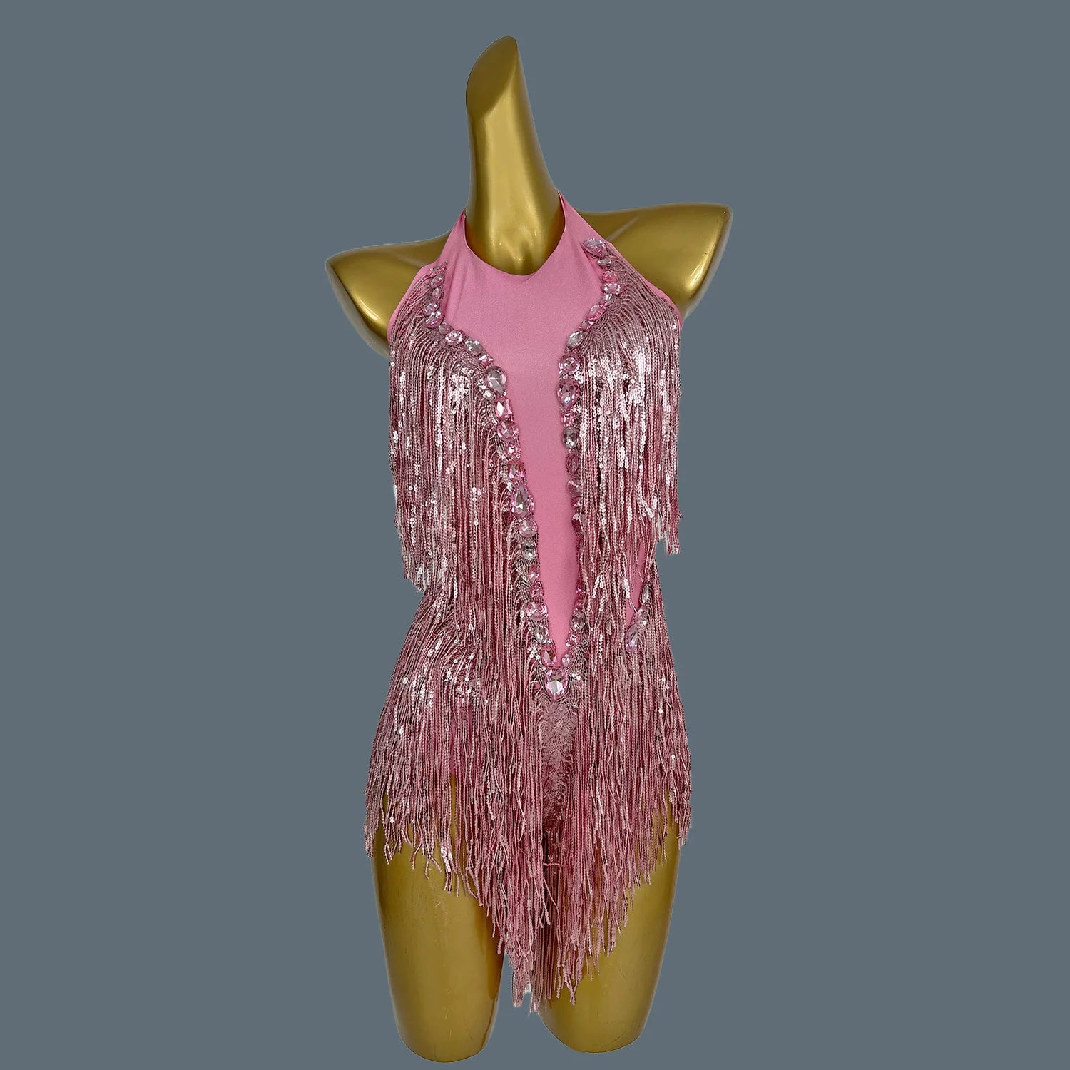 Sexy Pink Sequins Fringes Crystal Leotard Women Club Rhinestone Tassel Dance Bodysuit Stage Performance Costumes Shuye Pink One Size