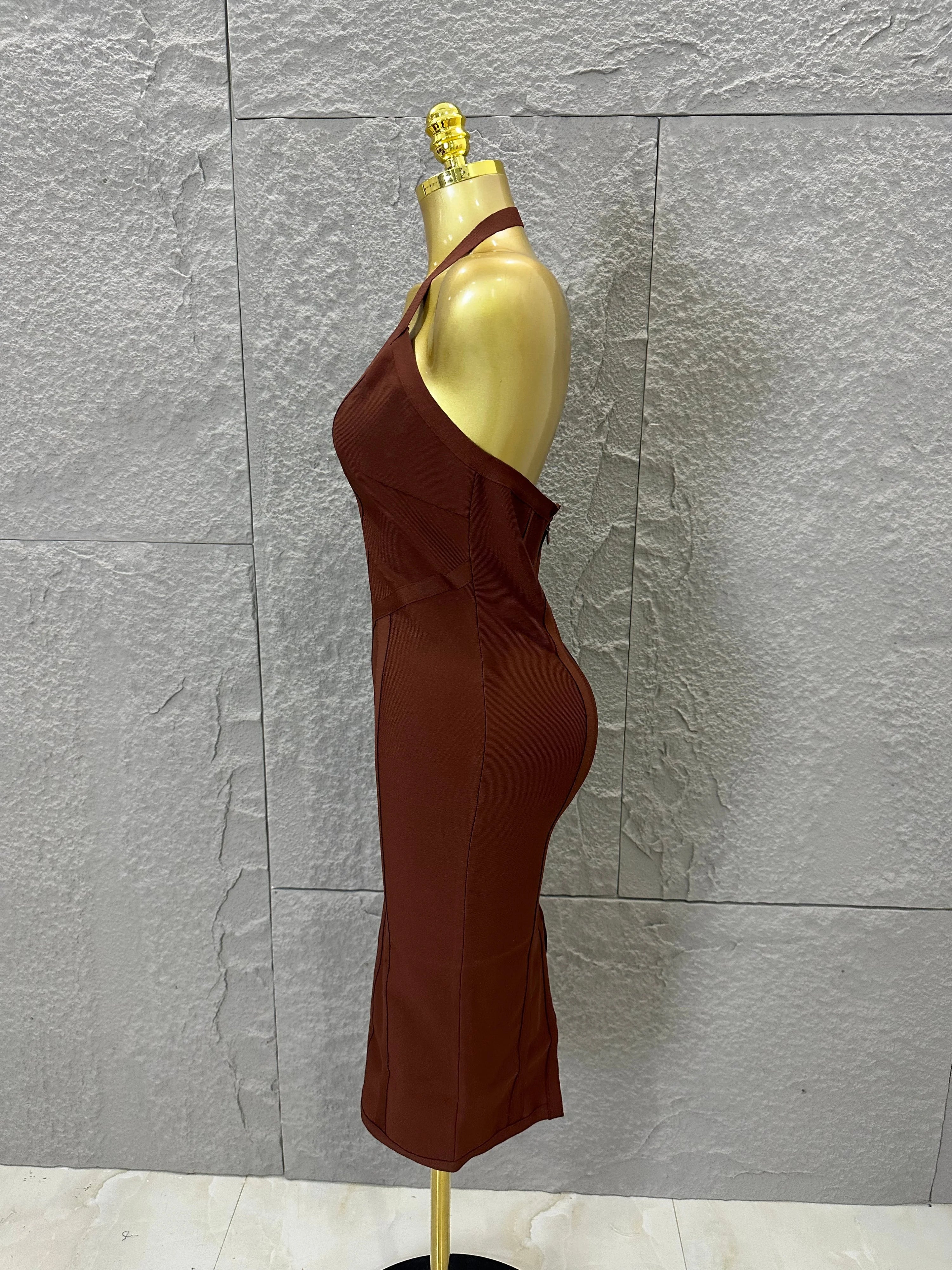 Elegant 2026 Brown Bandage Midi Dress Women Sexy Halter Neck Deep V Bodycon Evening Party Costume Cocktail Party Costume