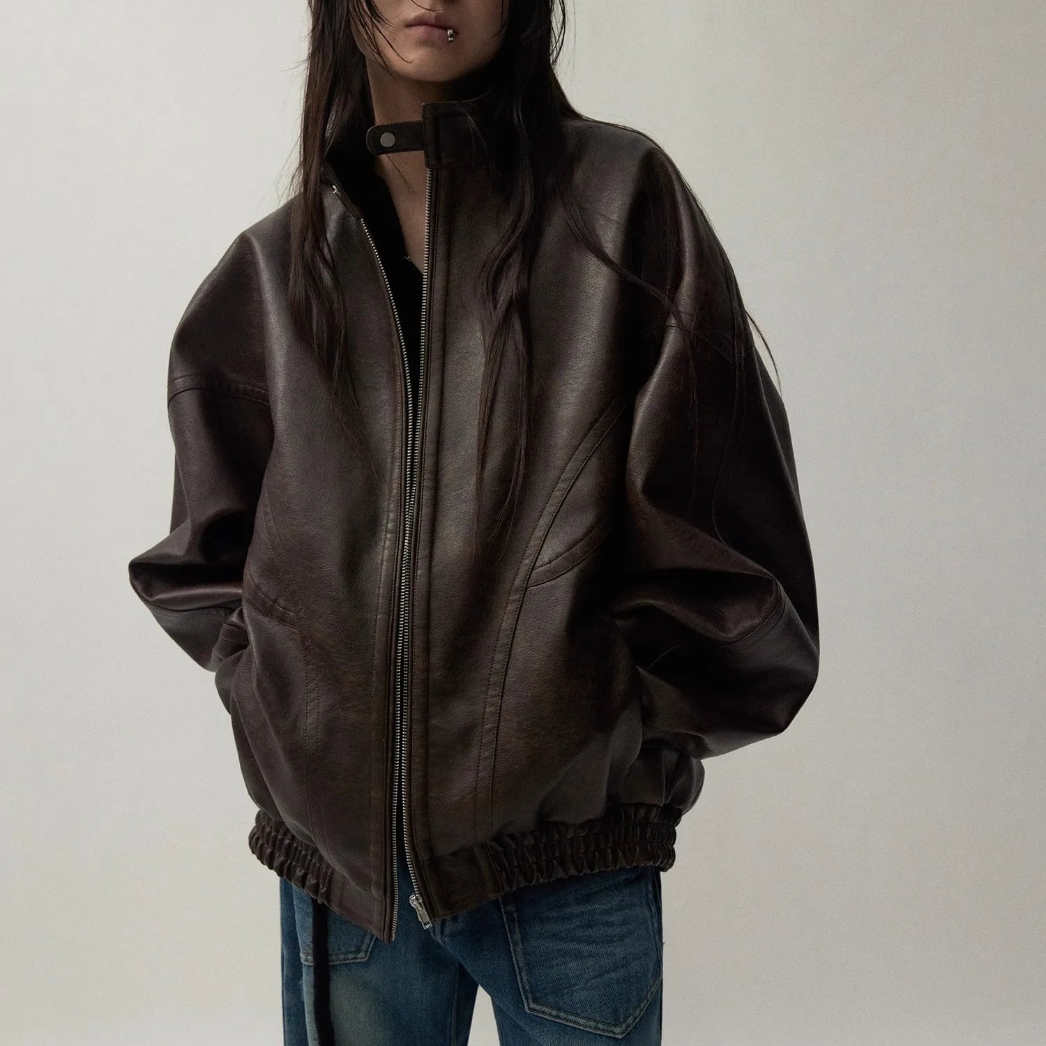 Lautaro Autumn Cool Handsome Distressed Brown Oversized Pu Leather Jacket Women Zippper Stand Collar American Retro Clothing