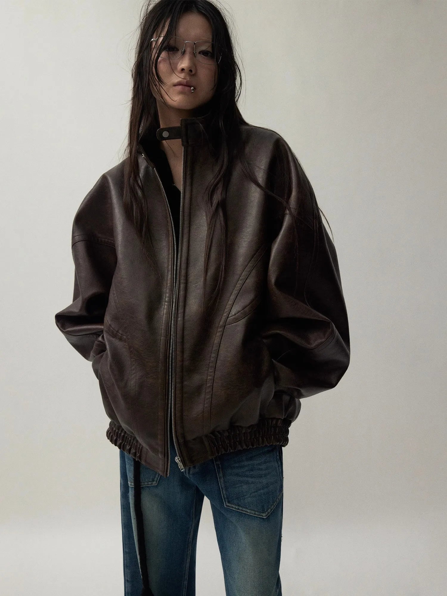 Lautaro Autumn Cool Handsome Distressed Brown Oversized Pu Leather Jacket Women Zippper Stand Collar American Retro Clothing