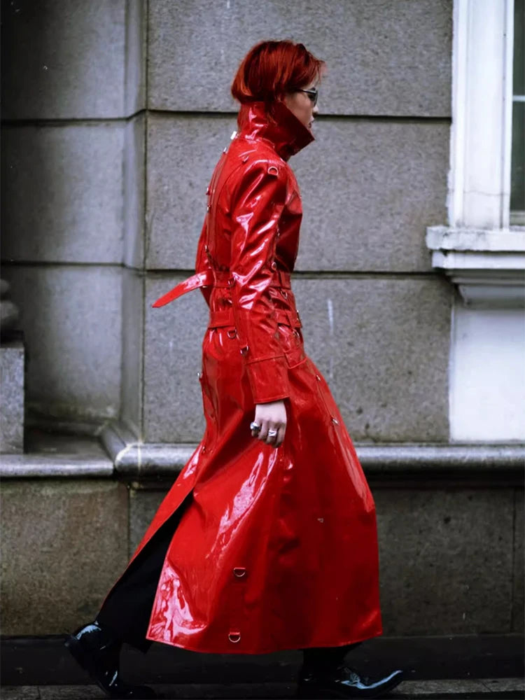 Lautaro Spring Long Cool Shiny Reflective Hard Patent Pu Leather Coat for Women Belt Luxury Designer Punk style Lace Up Clothes red