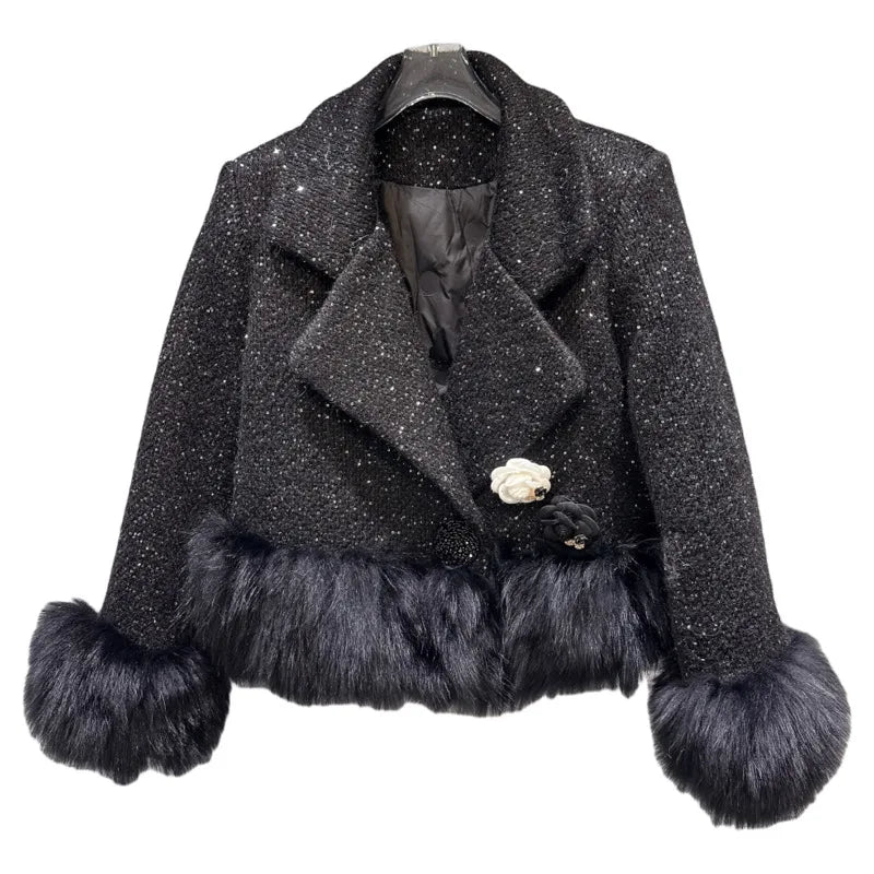 Winter New Fashion High-end Fox Fur Patchwork Woolen Suit Collar Cotton Short Coat For Women Elegant Jacket 11A07690