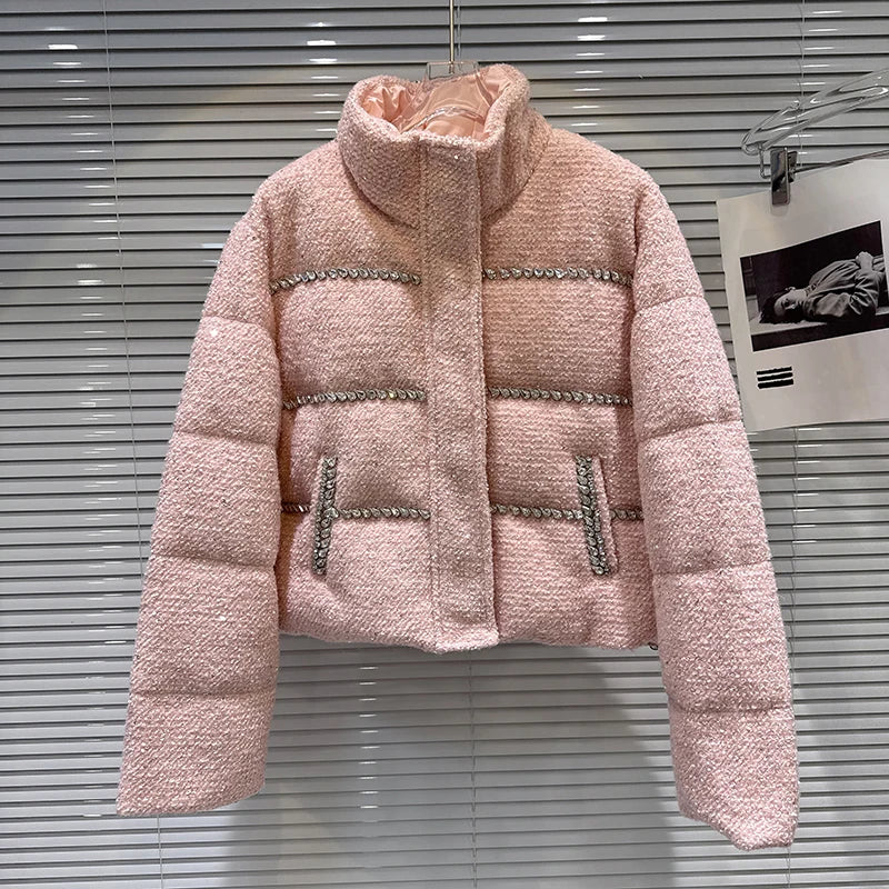 Winter New Sweet Fashion Rhinestone Beaded Edge Thick Tweed Stand Collar Warm Jacket For Women Cotton Coat 11A07587 Pink One Size