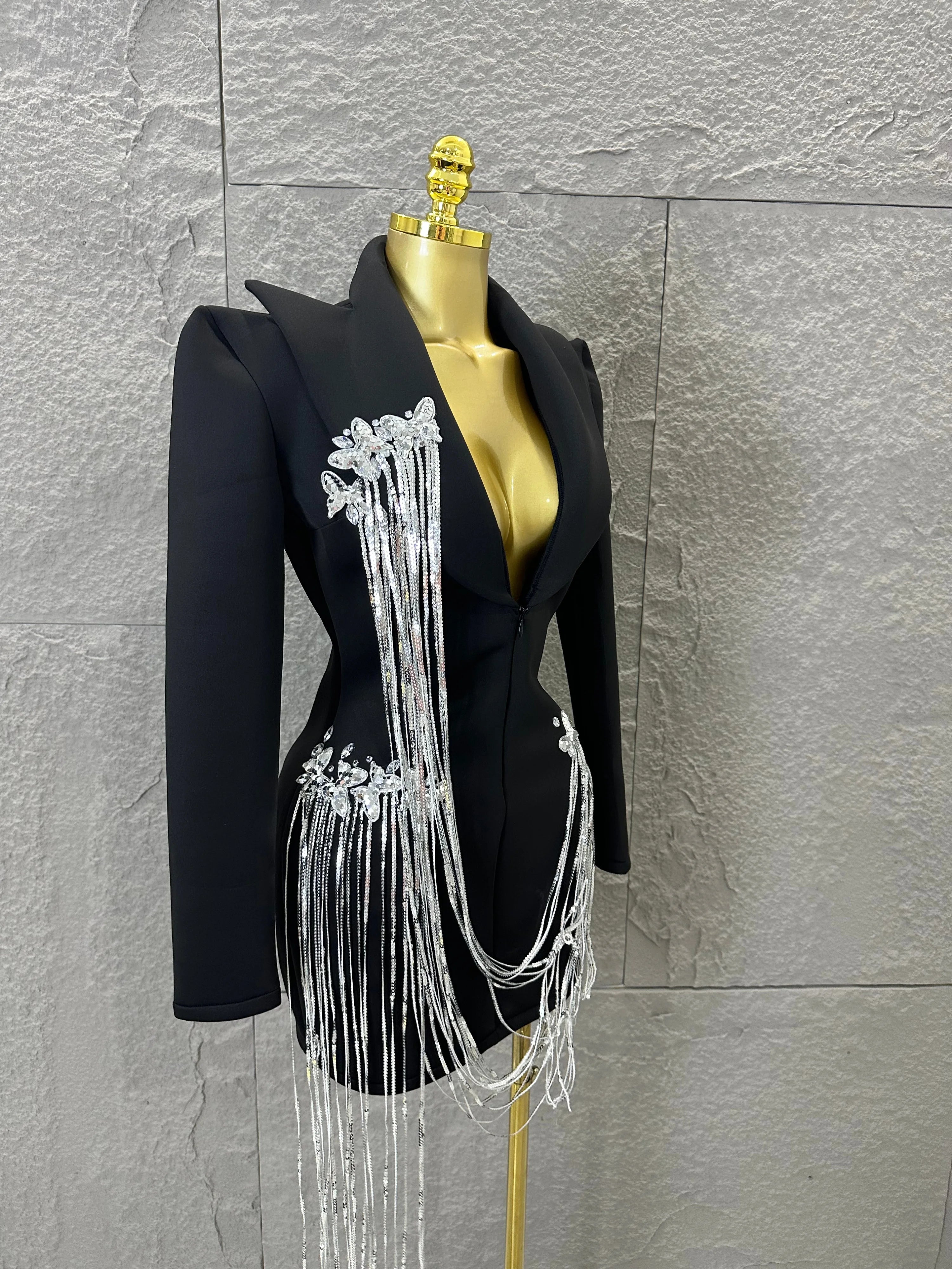 Luxury Black Blazer Mini Dress Deep V Neck Silver Crystal Beaded Butterfly Long Tassel Formal Evening Cocktail Gala Party Gown