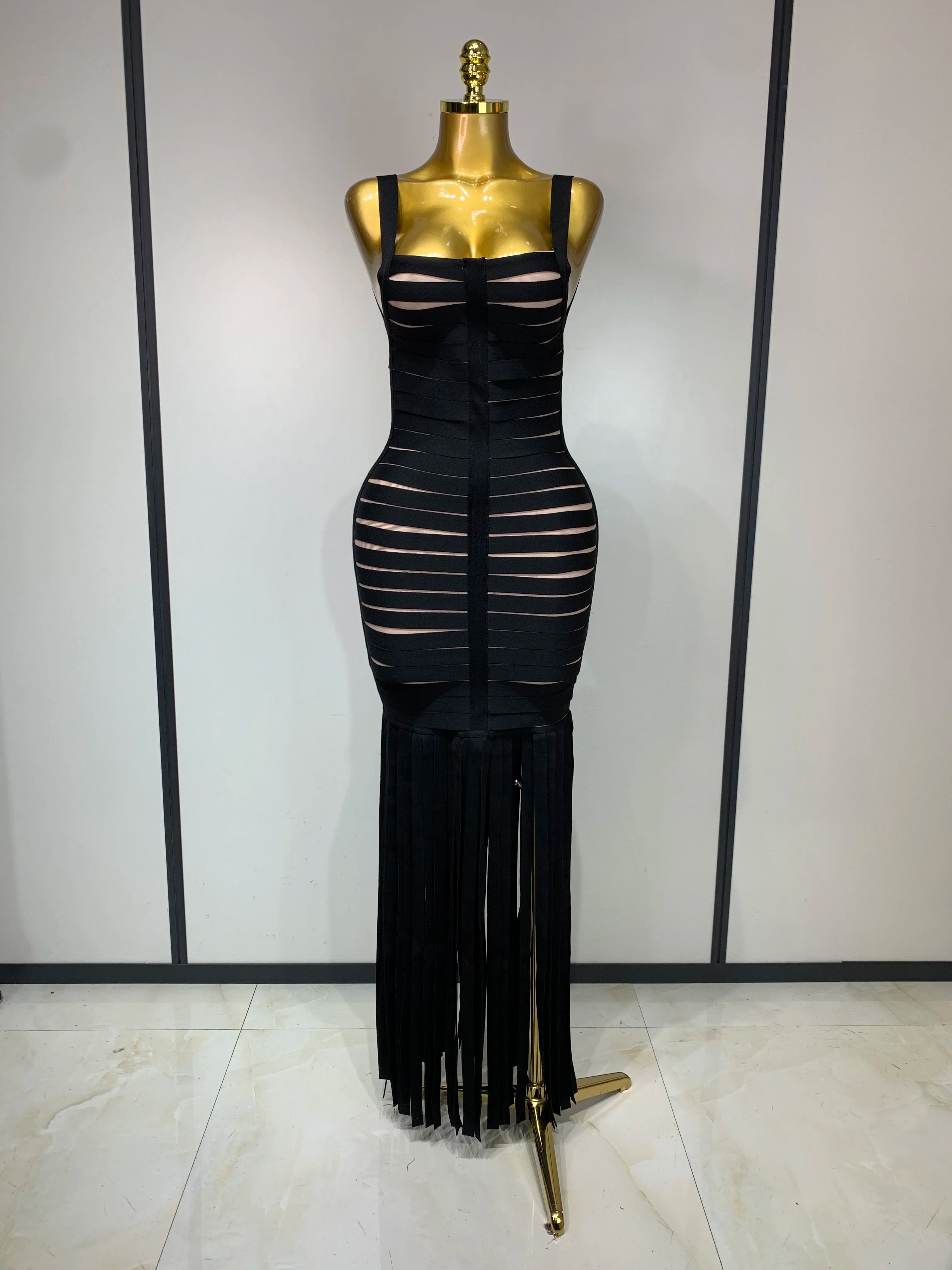 Women Sexy Sleeveless Square Collar Black Tassel Long Bandange Dresses Elegant Evening Party Birthday Gown Design Club Dress black