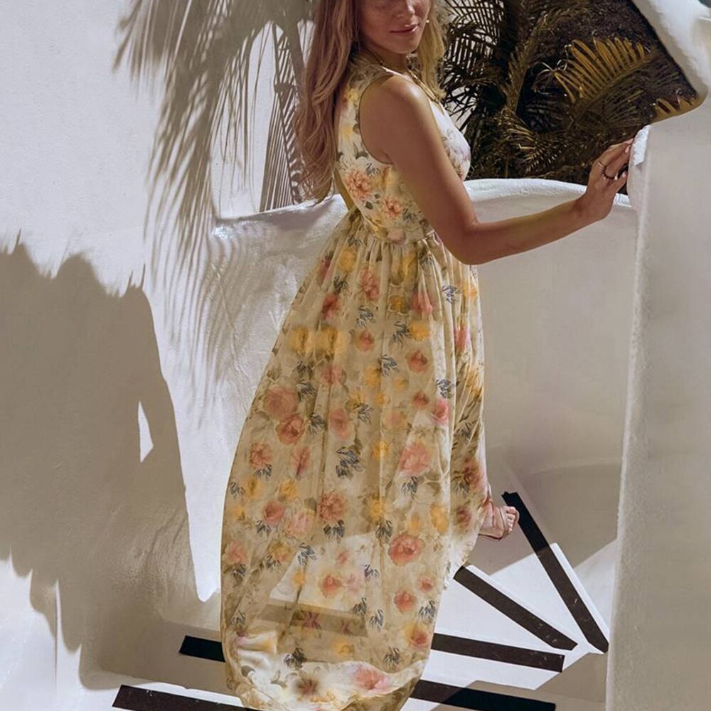 Spring Sexy Boho Beach Floral Long Maxi Dress Ladies V Neck Sleeveless Sundress