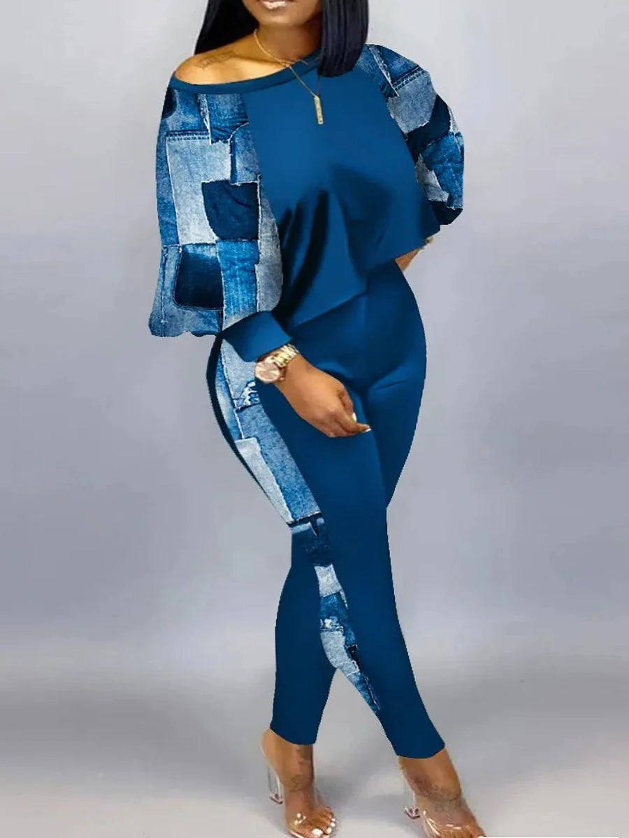 LW Plus Size Lantern Sleeve Gradient Print Skinny Pants Set New In Women Spring Summer High Elasticity 2PC Tracksuits Outfits Blue