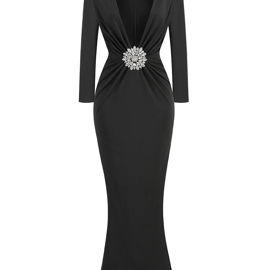 Black Maxi Dresses Women Sexy Deep V Neck Long Sleeves Gowns Runway Party Wear 2024 Spring New Fashion black