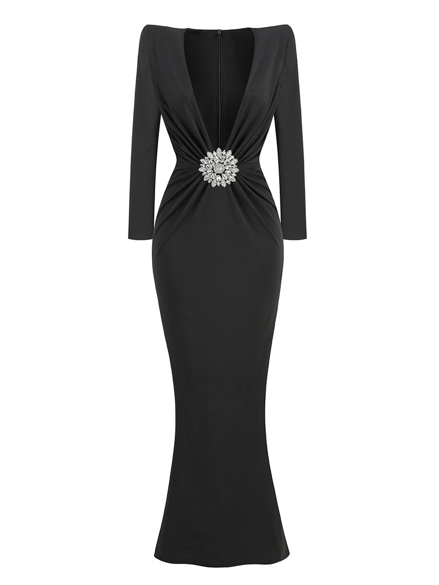 Black Maxi Dresses Women Sexy Deep V Neck Long Sleeves Gowns Runway Party Wear 2024 Spring New Fashion black