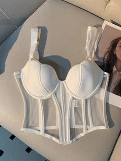 Women's Chic Mesh Fishbone Camisole Inner Wear Outer Wear Corset Crop Top Waist-Tight Sexy Bra White Black 2023 WHITE