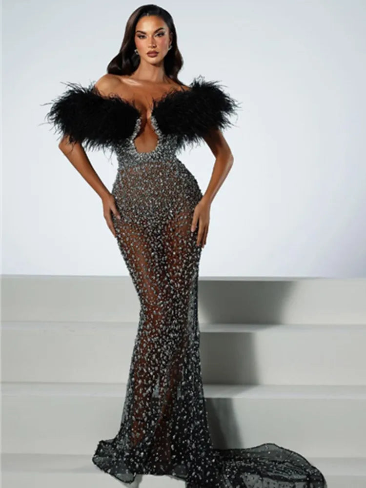 Women Celebrity Sexy Off Shoulder Feather Beading Sequins Maxi Long Gowns Dress Elegant Evening Party Club Dress Vestido black
