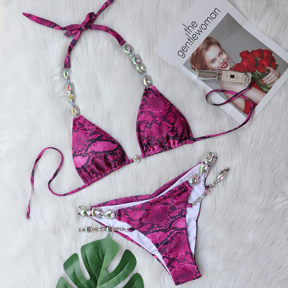 Sexy Bikini Diamonds Lace Up Pleated Thong Women Swimming Suit Push Up Bathing Suit Female Swimsuit Vacation Swimwear purple
