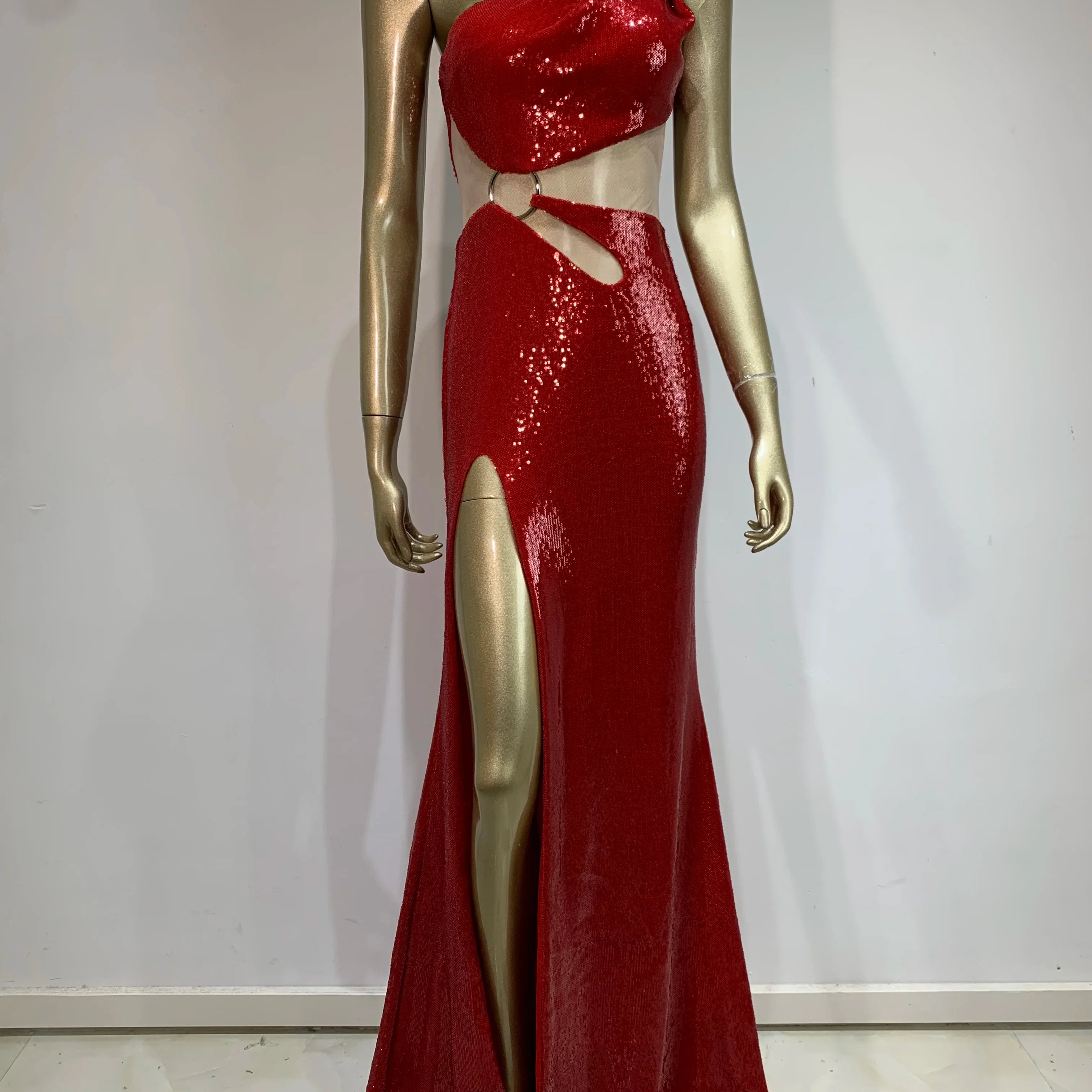 Sexy One Shoulder Cut Out Red Mesh Sequins Red Maxi Long Women Celebrity Dress Elegant Party Evening Club Vestido