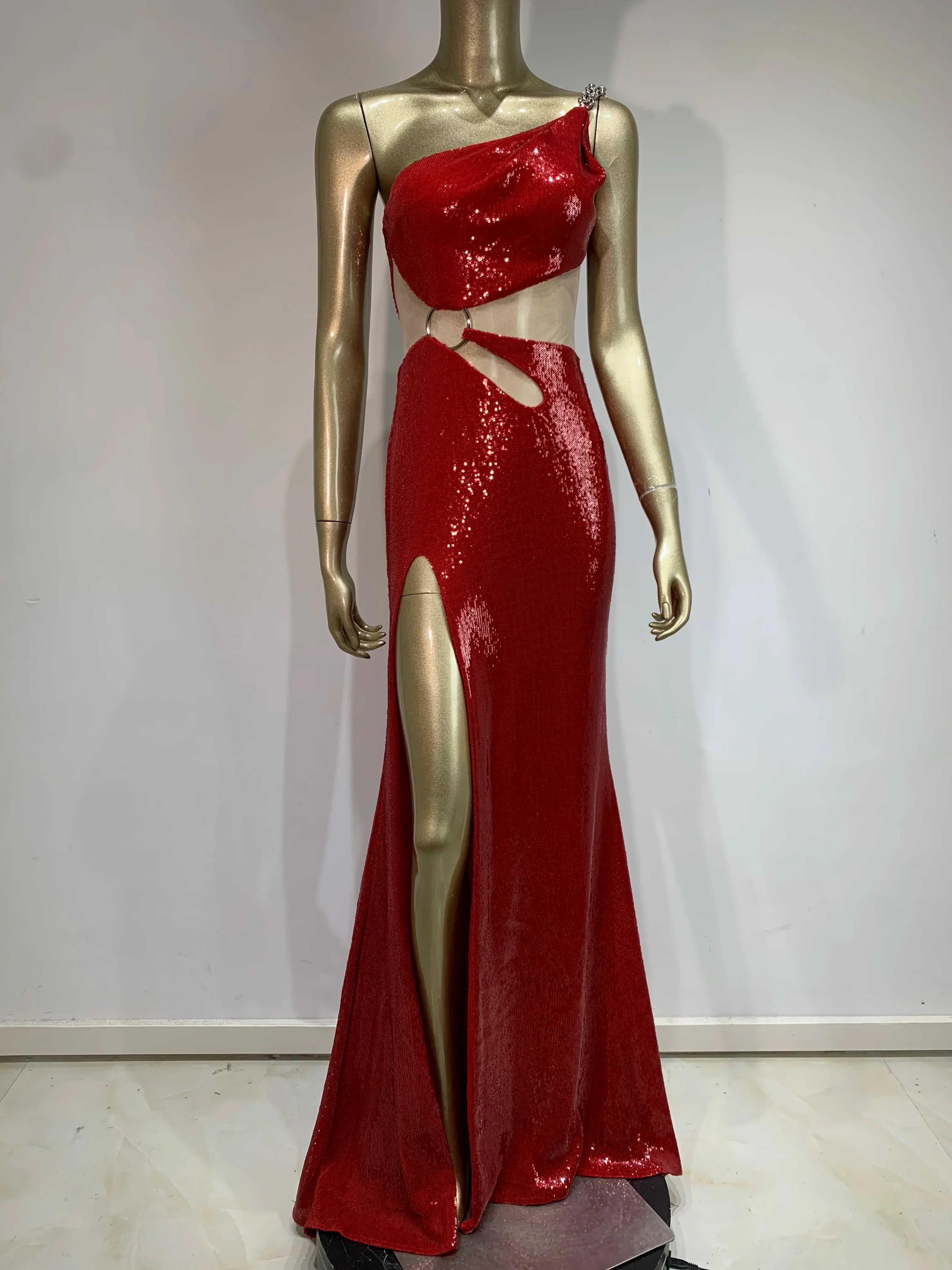 Sexy One Shoulder Cut Out Red Mesh Sequins Red Maxi Long Women Celebrity Dress Elegant Party Evening Club Vestido