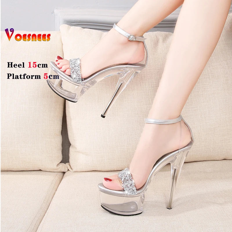 Crystal Women Sandals Clear Heels Shoes with Heel Fashion Platforms High Needle Heel Sandal Stripper Sexy Party Club Stiletto as picture shown 1