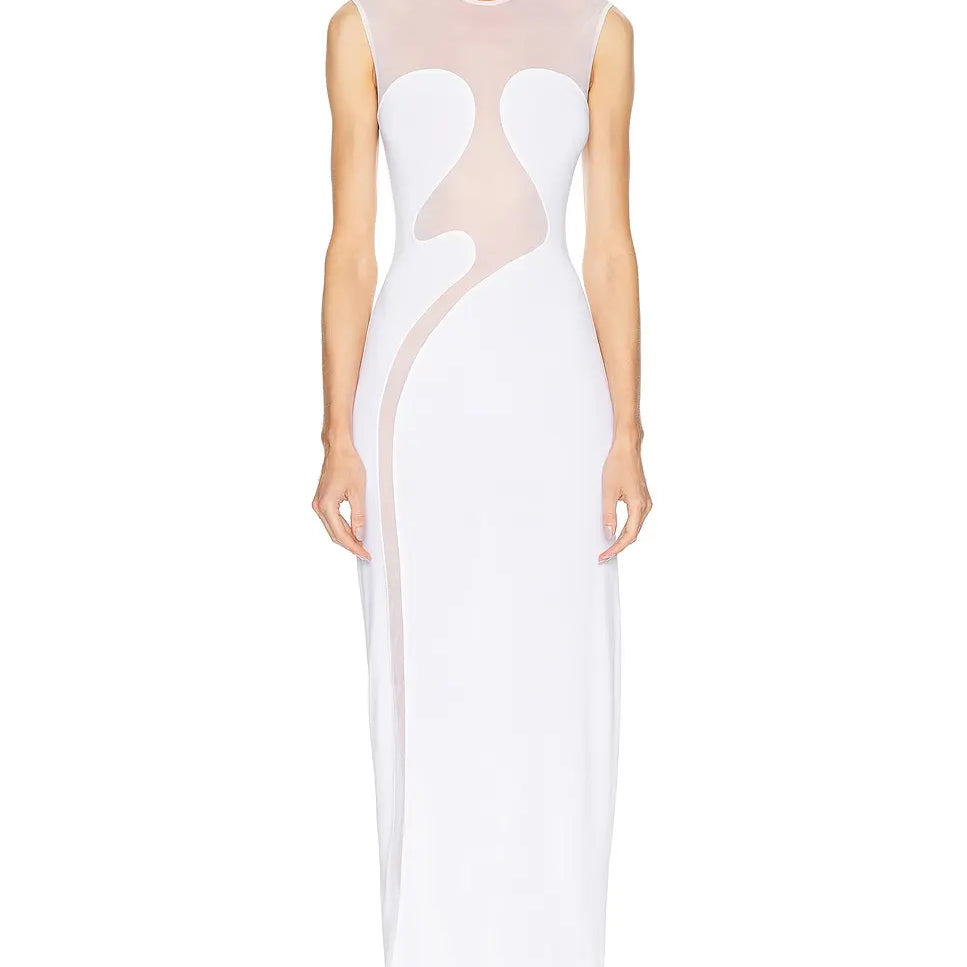 Black White Women Sleeveless Sexy O-Neck Bodycon Bandage Long Dress Mesh Celebrate Evening Party Nightclub Outfit Wholesale WHITE