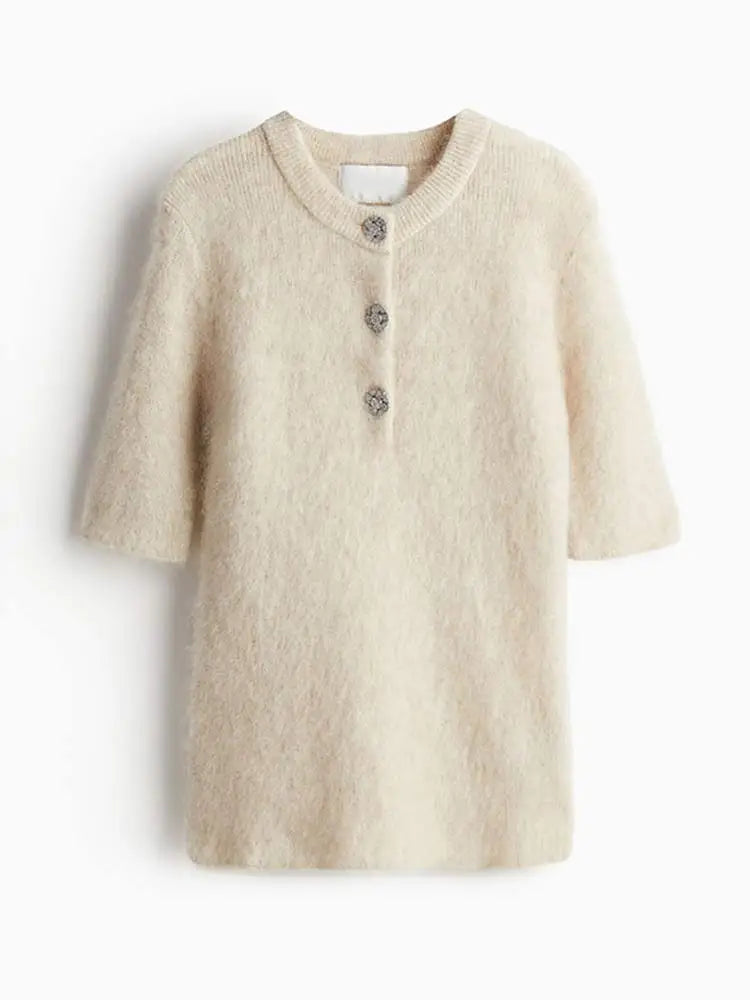 Women Fashion Wool Half Sleeve Slim Skirts Suits Female Button Knit Top Suit New Lady Commute Casual Knitted Outfits Apricot Sweater