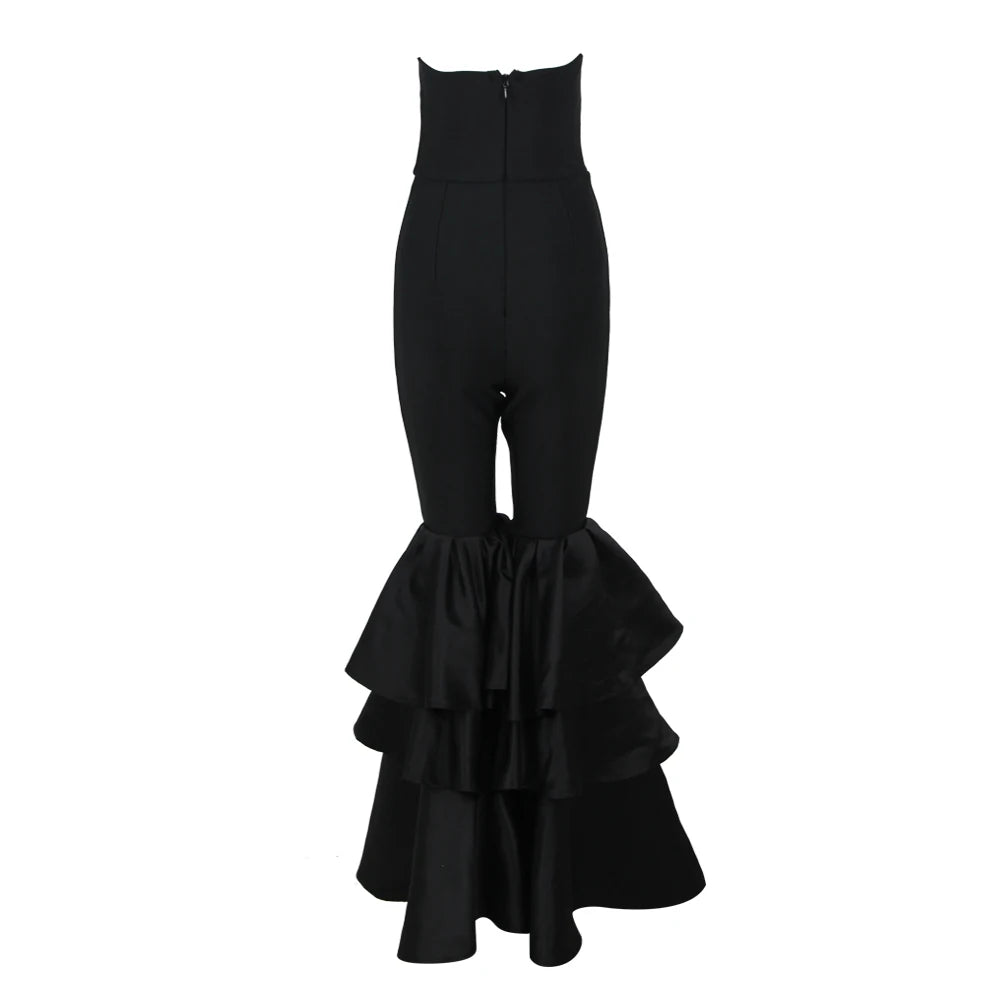 Black Color High Street Women Sexy Strapless Ruffles Wide Leg Jumpsuit Bandage Fashion Evening Party Cocktail Jumpsuit