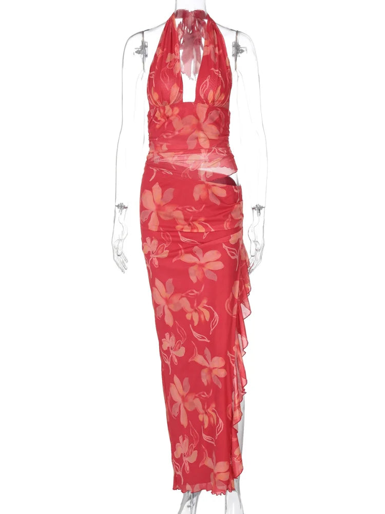 2025 Summer Retro Red Printing Slim Halter Tops Suit Elegant Lady Side Slit Ruffles Lace Midi Skirts Set New Vocation Beach Wear