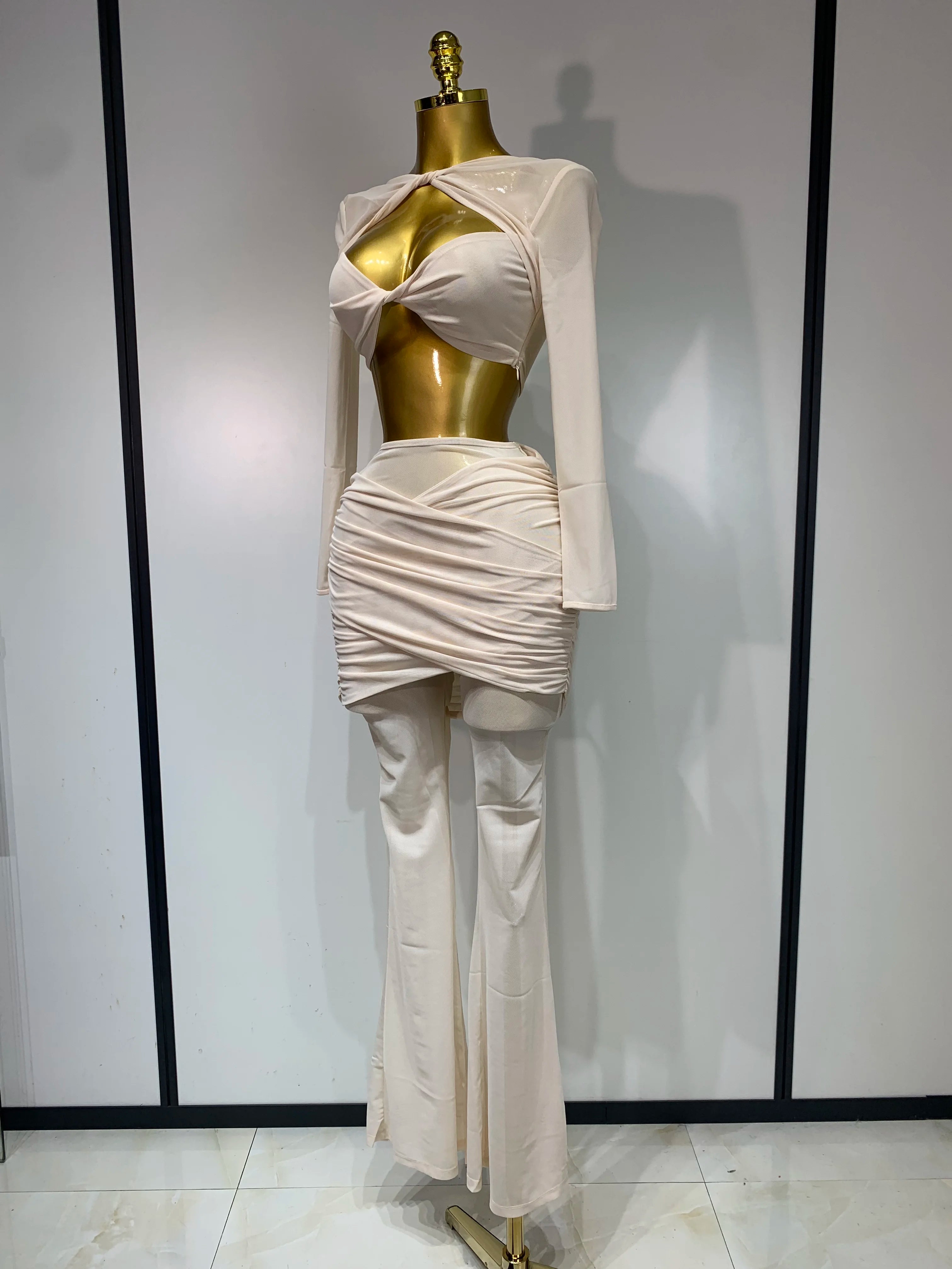 Women Sexy Mesh See Through Long sleeves Pant Sets Elegant Fashion Street Two Piece Set Club Birthday Evening Party Outfit