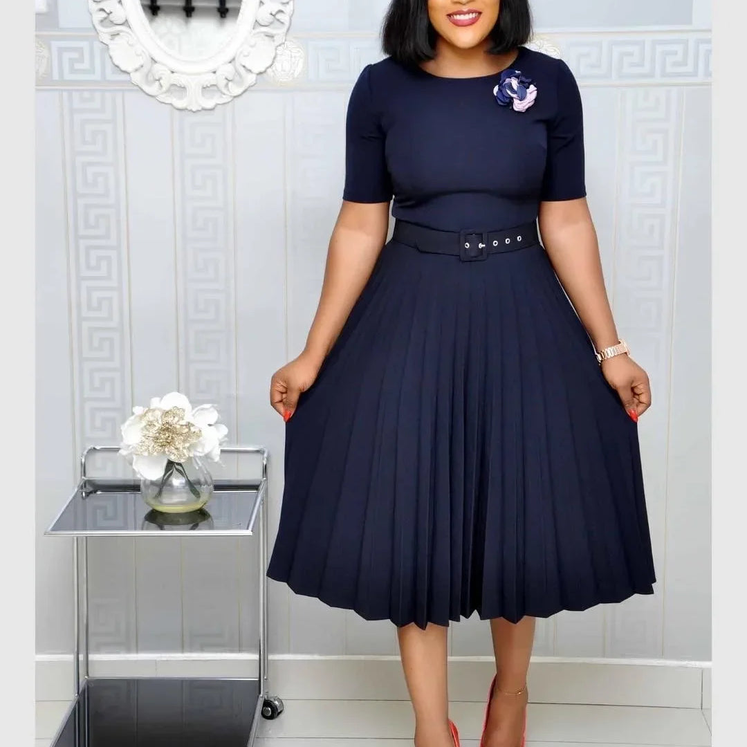 Summer Midi Pleated Dress Short Sleeve Office Lady Africa Sashes Women High Waist Elegant Dresses Vestidos Navy Blue
