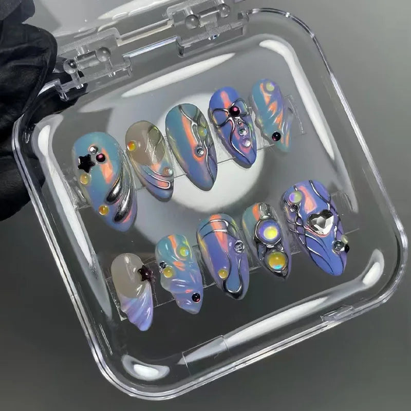 24Pcs Mid-length Almond False Nails Press on 3D Butterfly Pearl Bow Design Fake Nails Rhinestone Wearable Full Cover Nails Tips Z972