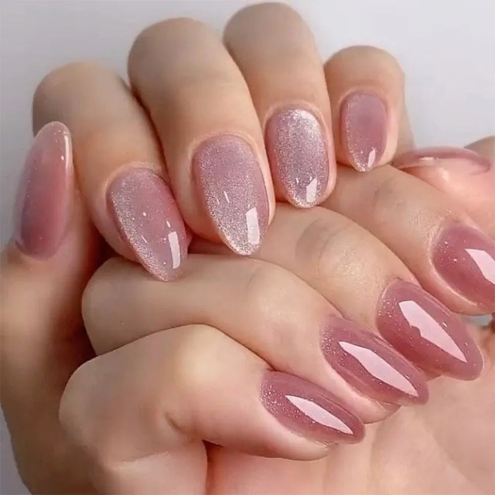 24Pcs Blush Pink Shining Cat's Eye Short Round Head Press on False Nails with Simple Design Almond French Manicure Nail Tips Set 6